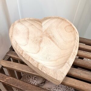 Heart-Shaped Carved Wooden Trinket Dish Light  Natural Wood Dough Bowl 10 X 11”